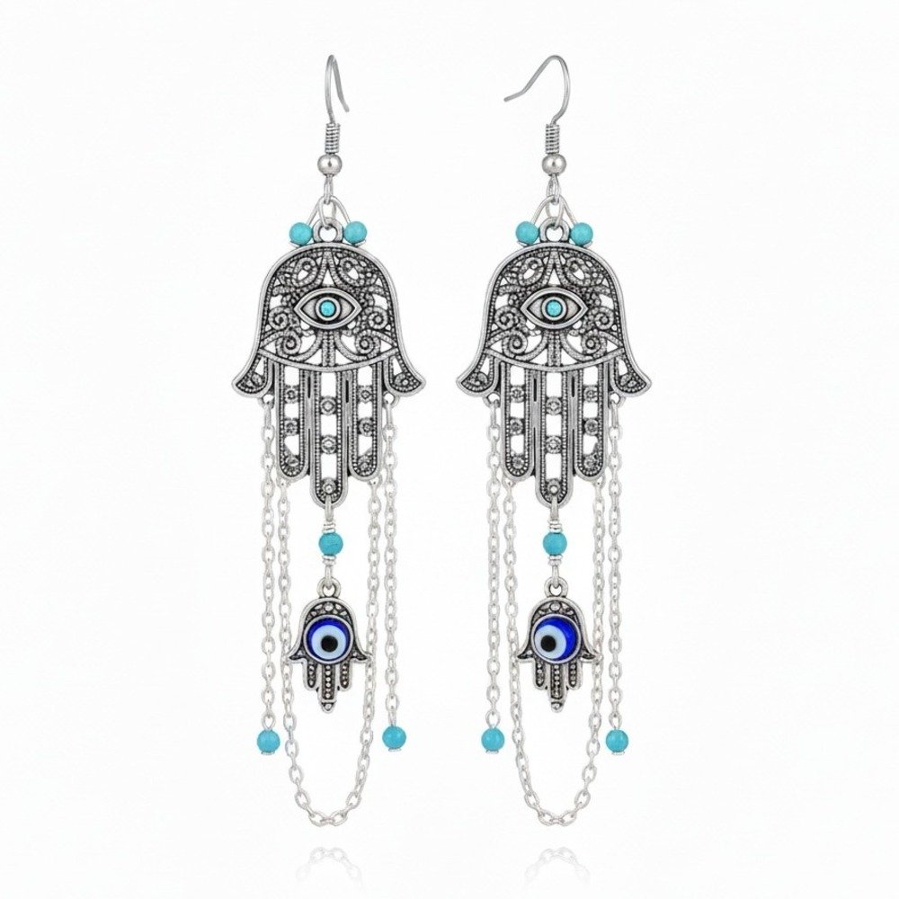 Silver Evil Eye Hamsa Hand‎ Dangle Earrings Boho Turquoise Blue Beads